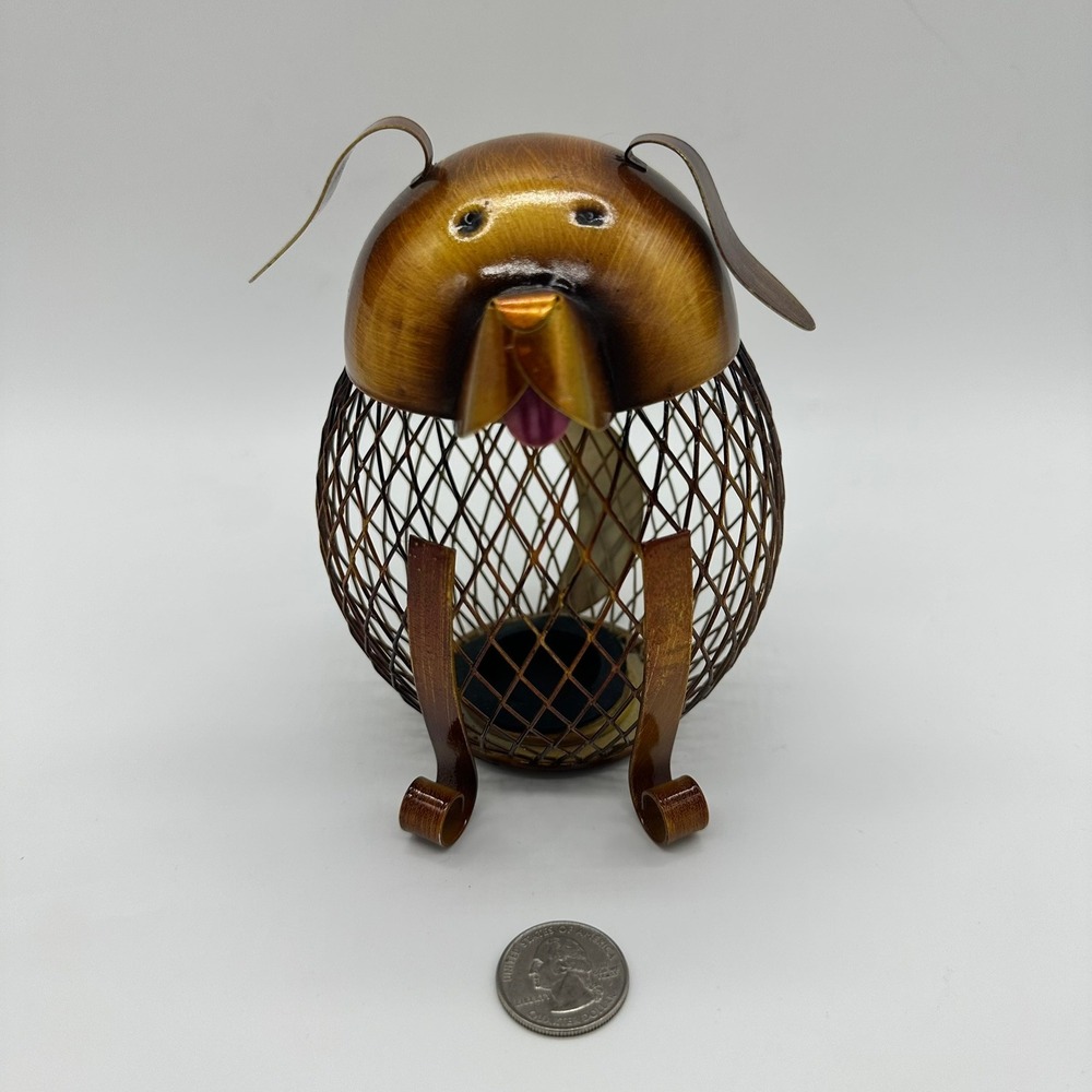 Rustic Metal Wire Mesh Dog Piggy Bank Bronze Puppy Coin Bank Stopper